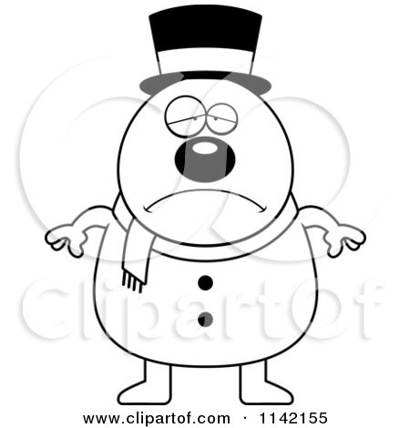 Cartoon Clipart Of A Black And White Depressed Pudgy Snowman - Vector Outlined Coloring Page by Cory Thoman