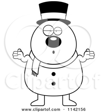 Cartoon Clipart Of A Black And White Shrugging Careless Pudgy Snowman - Vector Outlined Coloring Page by Cory Thoman