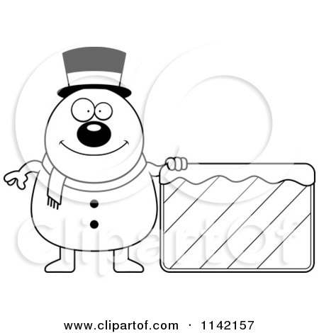 Cartoon Clipart Of A Black And White Pudgy Snowman With An Ice Sign - Vector Outlined Coloring Page by Cory Thoman