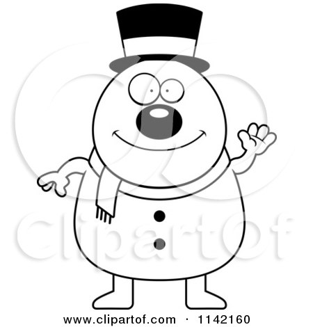 Cartoon Clipart Of A Black And White Waving Pudgy Snowman - Vector Outlined Coloring Page by Cory Thoman