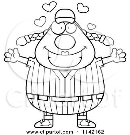 Cartoon Clipart Of A Black And White Amorous Female Baseball Player - Vector Outlined Coloring Page by Cory Thoman