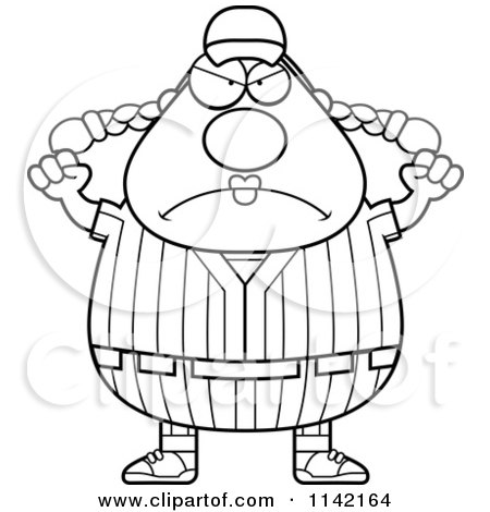 Cartoon Clipart Of A Black And White Angry Female Baseball Player - Vector Outlined Coloring Page by Cory Thoman