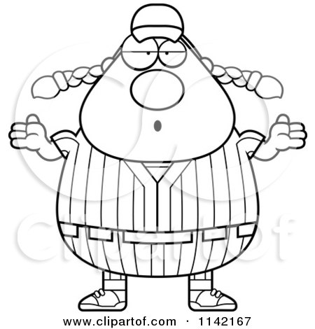 Cartoon Clipart Of A Black And White Careless Shrugging Female Baseball Player - Vector Outlined Coloring Page by Cory Thoman