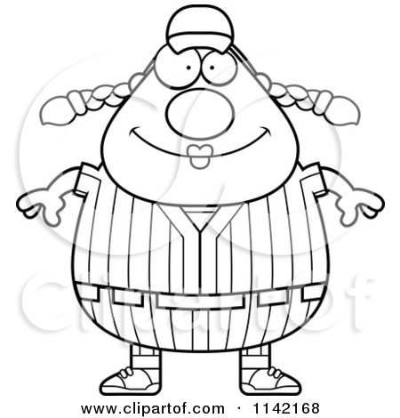 Cartoon Clipart Of A Black And White Happy Female Baseball Player - Vector Outlined Coloring Page by Cory Thoman