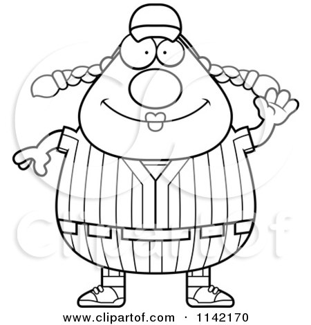 Cartoon Clipart Of A Black And White Waving Female Baseball Player - Vector Outlined Coloring Page by Cory Thoman