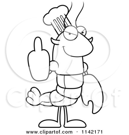 Cartoon Clipart Of A Black And White Chef Lobster Or Crawdad Mascot Character Holding Up A Middle Finger - Vector Outlined Coloring Page by Cory Thoman
