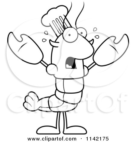 Cartoon Clipart Of A Black And White Scared Chef Lobster Or Crawdad Mascot Character - Vector Outlined Coloring Page by Cory Thoman