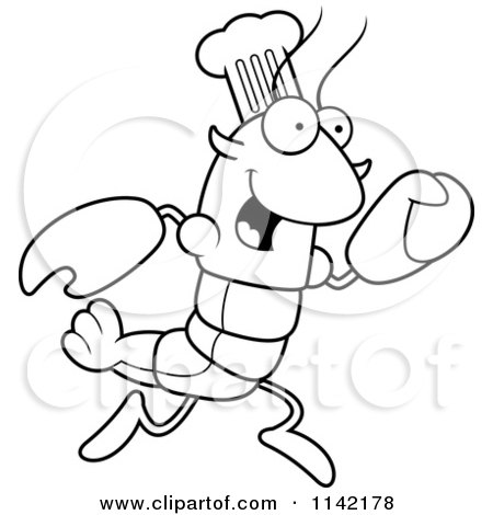 Cartoon Clipart Of A Black And White Running Chef Lobster Or Crawdad Mascot Character - Vector Outlined Coloring Page by Cory Thoman
