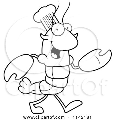 Cartoon Clipart Of A Black And White Walking Chef Lobster Or Crawdad Mascot Character - Vector Outlined Coloring Page by Cory Thoman