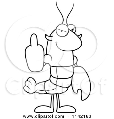Cartoon Clipart Of A Black And White Lobster Or Crawdad Mascot Character Holding Up A Middle Finger - Vector Outlined Coloring Page by Cory Thoman
