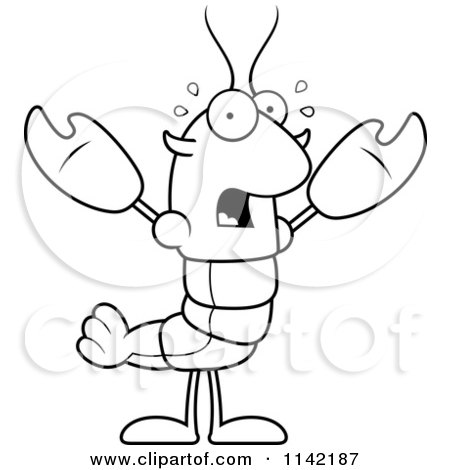 Cartoon Clipart Of A Black And White Scared Lobster Or Crawdad Mascot Character - Vector Outlined Coloring Page by Cory Thoman