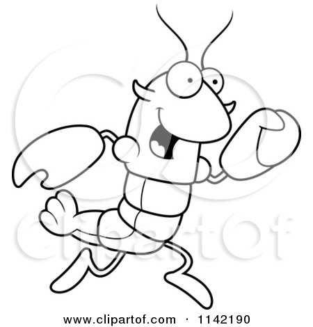 Cartoon Clipart Of A Black And White Running Lobster Or Crawdad Mascot Character - Vector Outlined Coloring Page by Cory Thoman