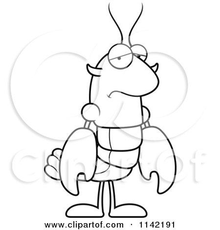 Cartoon Clipart Of A Black And White Depressed Lobster Or Crawdad Mascot Character - Vector Outlined Coloring Page by Cory Thoman