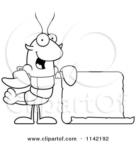 Cartoon Clipart Of A Black And White Lobster Or Crawdad Mascot Character Holding A Sign - Vector Outlined Coloring Page by Cory Thoman
