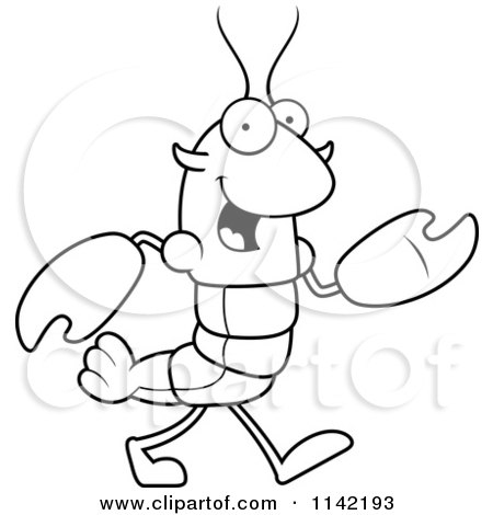 Cartoon Clipart Of A Black And White Walking Lobster Or Crawdad Mascot Character - Vector Outlined Coloring Page by Cory Thoman