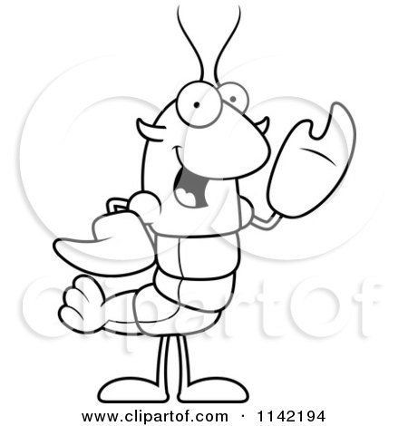 Cartoon Clipart Of A Black And White Waving Lobster Or Crawdad Mascot Character - Vector Outlined Coloring Page by Cory Thoman