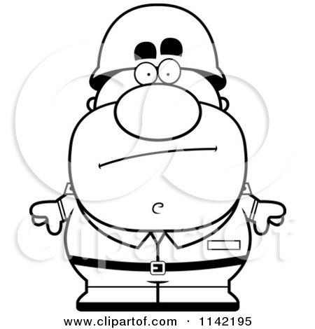 Cartoon Clipart Of A Black And White Calm Male Army Soldier - Vector Outlined Coloring Page by Cory Thoman