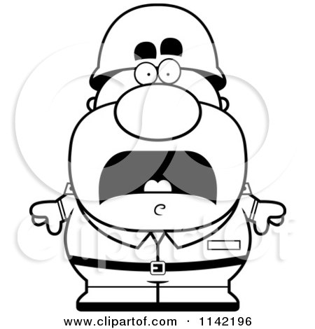 Cartoon Clipart Of A Black And White Scared Male Army Soldier - Vector Outlined Coloring Page by Cory Thoman