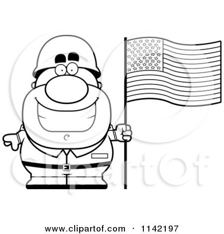Cartoon Clipart Of A Black And White Male Army Soldier With An American Flag - Vector Outlined Coloring Page by Cory Thoman