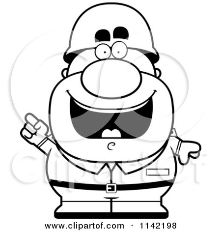 Cartoon Clipart Of A Black And White Male Army Soldier With An Idea - Vector Outlined Coloring Page by Cory Thoman