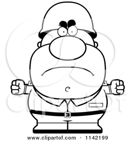 Cartoon Clipart Of A Black And White Angry Male Army Soldier - Vector Outlined Coloring Page by Cory Thoman