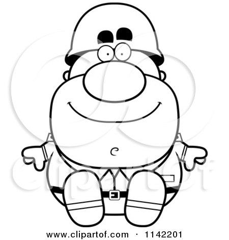 Cartoon Clipart Of A Black And White Sitting Male Army Soldier - Vector Outlined Coloring Page by Cory Thoman