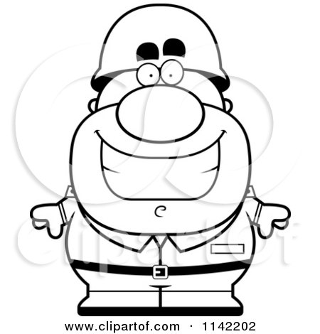 Cartoon Clipart Of A Black And White Smiling Male Army Soldier - Vector Outlined Coloring Page by Cory Thoman