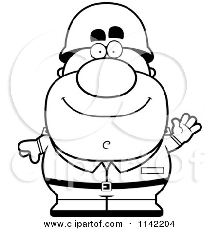 Cartoon Clipart Of A Black And White Waving Male Army Soldier - Vector Outlined Coloring Page by Cory Thoman