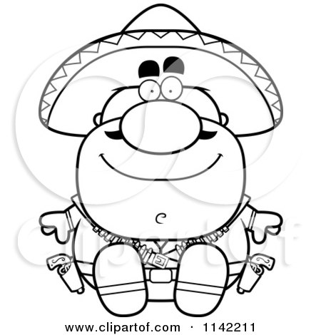 Cartoon Clipart Of A Black And White Sitting Hispanic Bandit - Vector Outlined Coloring Page by Cory Thoman