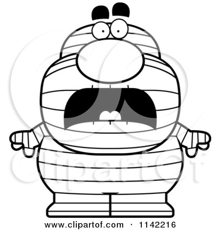 Cartoon Clipart Of A Black And White Scared Pudgy Mummy - Vector Outlined Coloring Page by Cory Thoman