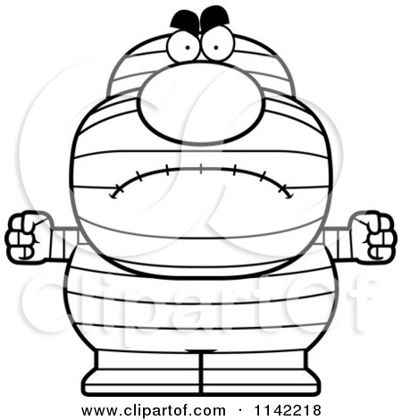Cartoon Clipart Of A Black And White Angry Pudgy Mummy - Vector Outlined Coloring Page by Cory Thoman
