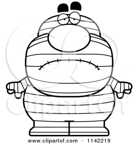 Cartoon Clipart Of A Black And White Depressed Pudgy Mummy - Vector Outlined Coloring Page by Cory Thoman