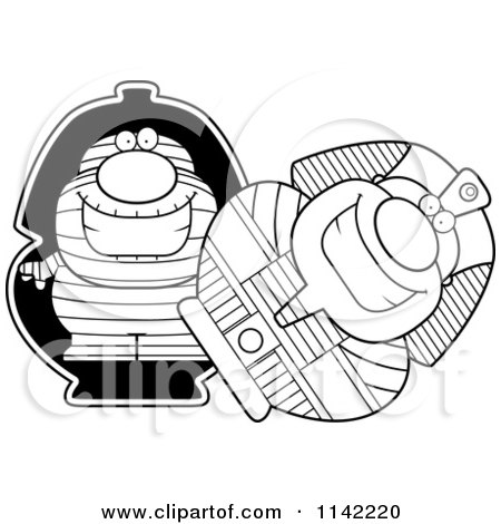 Cartoon Clipart Of A Black And White Pudgy Mummy In A Sarcophagus - Vector Outlined Coloring Page by Cory Thoman