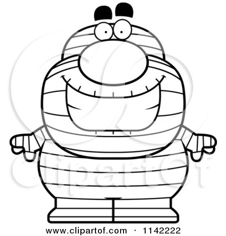 Cartoon Clipart Of A Black And White Happy Pudgy Mummy - Vector Outlined Coloring Page by Cory Thoman