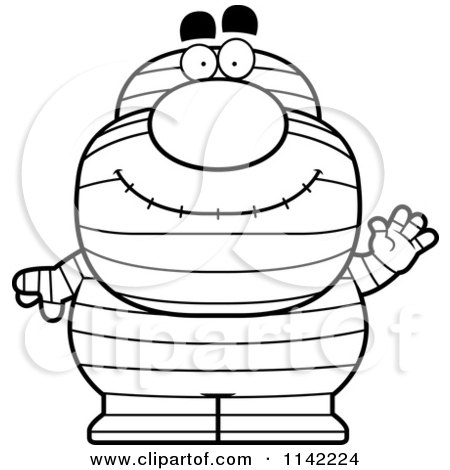 Cartoon Clipart Of A Black And White Waving Pudgy Mummy - Vector Outlined Coloring Page by Cory Thoman