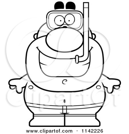 Cartoon Clipart Of A Black And White Pudgy Male Swimmer With Snorkel Gear - Vector Outlined Coloring Page by Cory Thoman