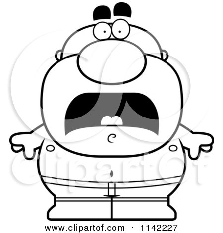 Cartoon Clipart Of A Black And White Scared Pudgy Male Swimmer - Vector Outlined Coloring Page by Cory Thoman