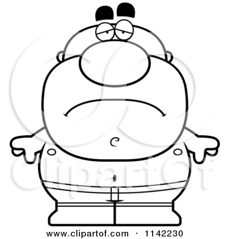 Cartoon Clipart Of A Black And White Depressed Pudgy Male Swimmer - Vector Outlined Coloring Page by Cory Thoman