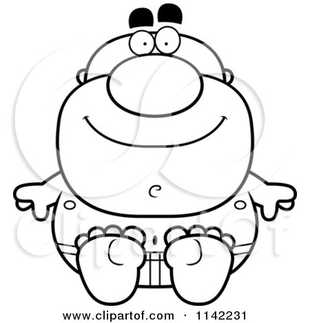 Cartoon Clipart Of A Black And White Sitting Pudgy Male Swimmer - Vector Outlined Coloring Page by Cory Thoman