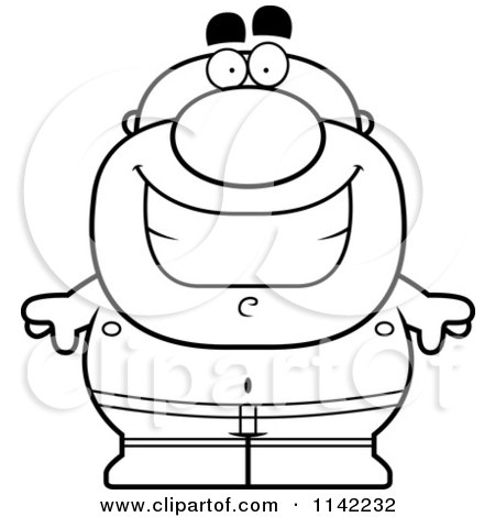 Cartoon Clipart Of A Black And White Happy Pudgy Male Swimmer - Vector Outlined Coloring Page by Cory Thoman