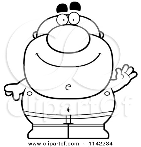 Cartoon Clipart Of A Black And White Waving Pudgy Male Swimmer - Vector Outlined Coloring Page by Cory Thoman