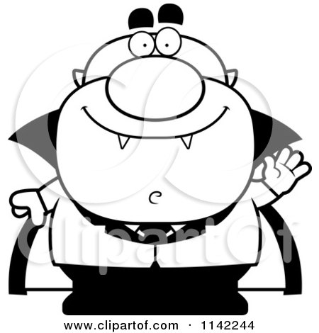 Cartoon Clipart Of A Black And White Waving Pudgy Vampire - Vector Outlined Coloring Page by Cory Thoman