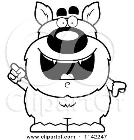 Cartoon Clipart Of A Black And White Pudgy Werewolf With An IDea - Vector Outlined Coloring Page by Cory Thoman