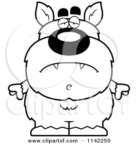 Cartoon Clipart Of A Black And White Depressed Pudgy Werewolf - Vector Outlined Coloring Page by Cory Thoman