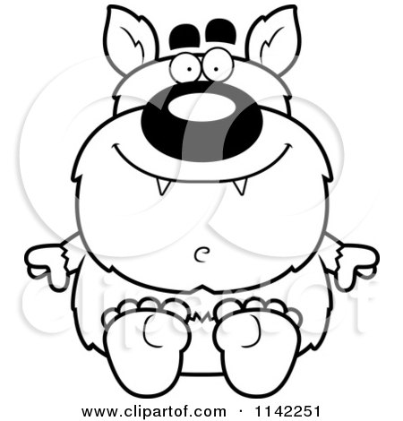 Cartoon Clipart Of A Black And White Sitting Pudgy Werewolf - Vector Outlined Coloring Page by Cory Thoman