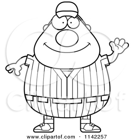 Cartoon Clipart Of A Black And White Waving Male Baseball Player - Vector Outlined Coloring Page by Cory Thoman