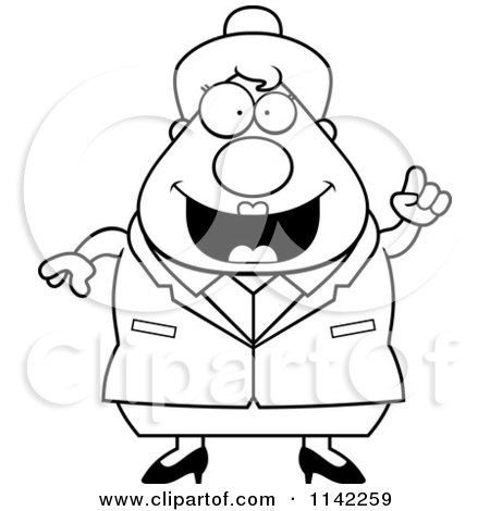 Cartoon Clipart Of A Black And White Chubby Business Lady With An Idea - Vector Outlined Coloring Page by Cory Thoman