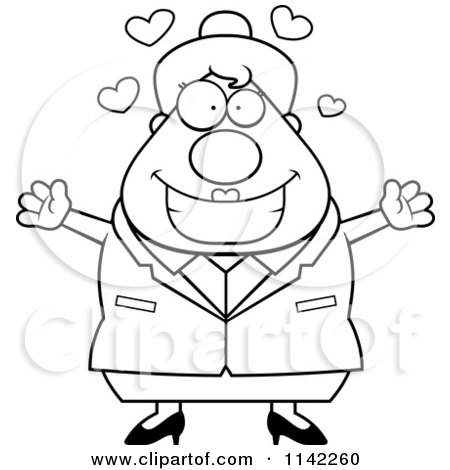 Cartoon Clipart Of A Black And White Loving Chubby Business Lady - Vector Outlined Coloring Page by Cory Thoman