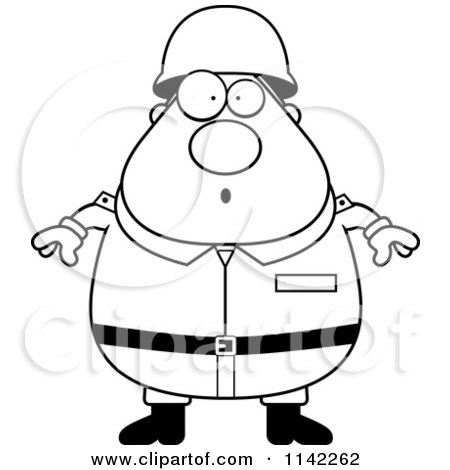 Cartoon Clipart Of A Black And White Surprised Chubby Army Man - Vector Outlined Coloring Page by Cory Thoman