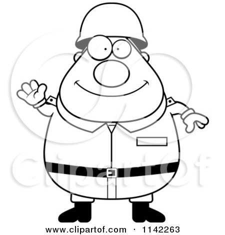 Cartoon Clipart Of A Black And White Friendly Waving Chubby Army Man - Vector Outlined Coloring Page by Cory Thoman